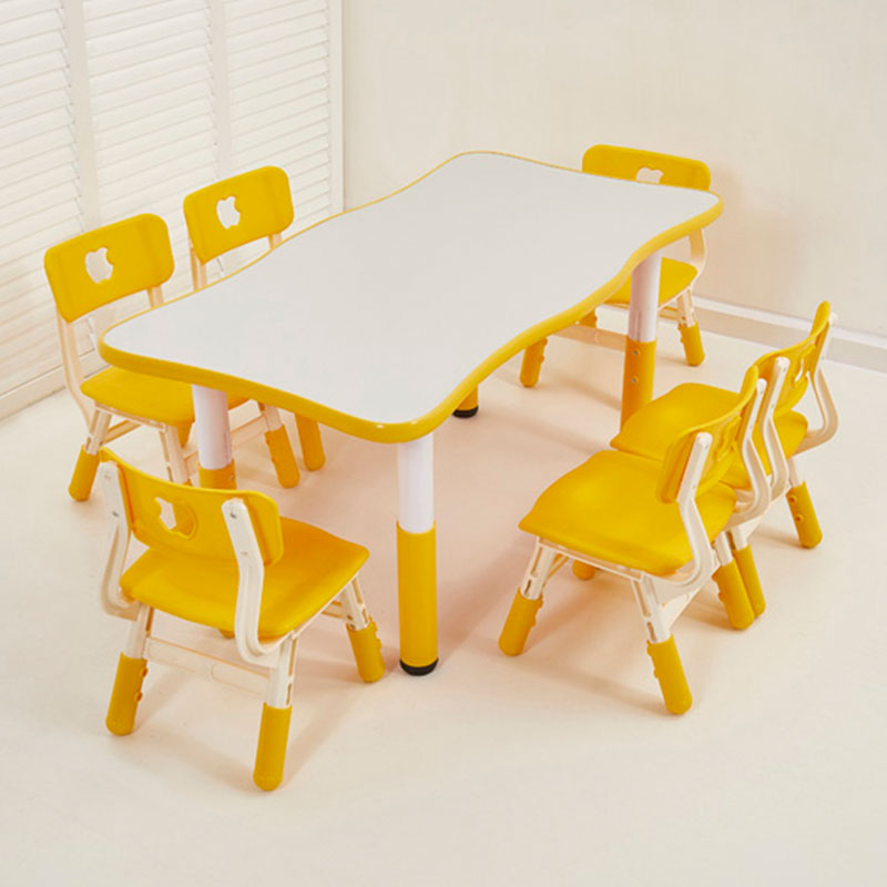 Fireproof Board Lace Six-Person Rectangular Table (Plastic Lifting Feet) (White Surface Yellow Edge) 